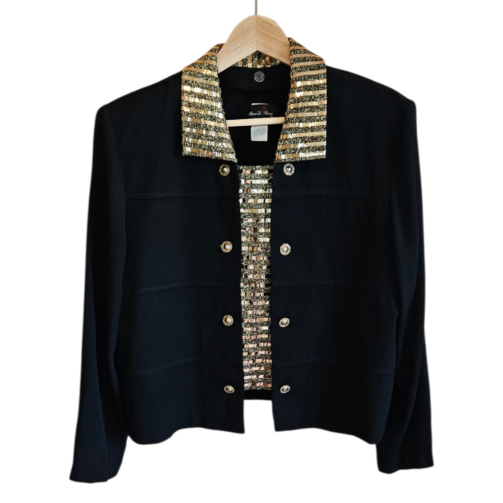 Vintage David Rose Night 16P Black Blazer Gold Metallic Sequin Stripe Statement